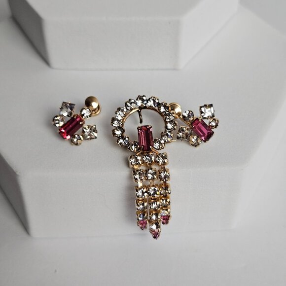 Vtg Marks & Spencer 12K Gold-Filled Rare Pink Rhinestone Brooch & Earrings Set - Picture 7 of 16